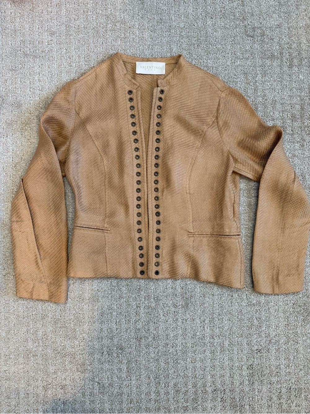 Valentino Camel Flax Eyelet-Trim Collarless Jacket